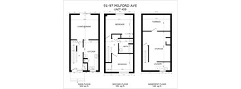 A floor plan for a unit at 91-97 Milford Ave shows the layout for the living/dining, kitchen, and bedroom areas.