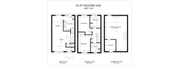 A floor plan for a unit at 91-97 Milford Ave shows the layout of the living, dining, kitchen, bedrooms, bathrooms, storage, and laundry/furnace areas.