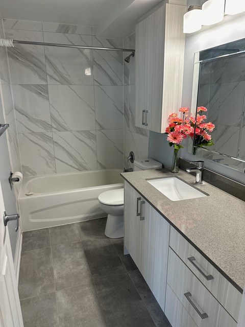 A white toilet sits next to a sink in a bathroom.