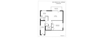 A black and white image of a floor plan for a 1 bedroom apartment at 655 Briar Hill Avenue.