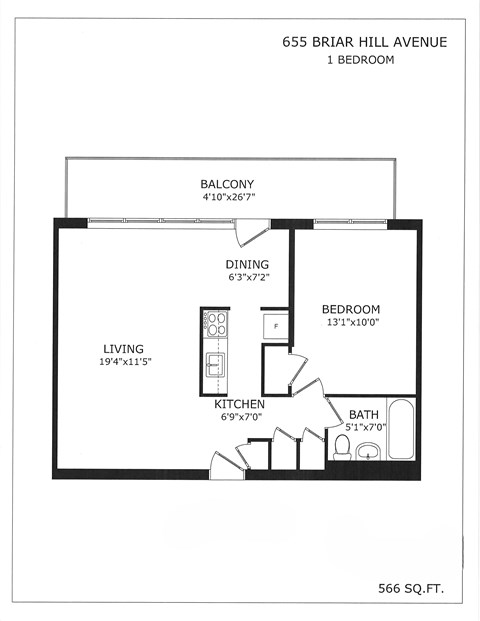 A floor plan for a 1 bedroom apartment at 655 Briar Hill Avenue.