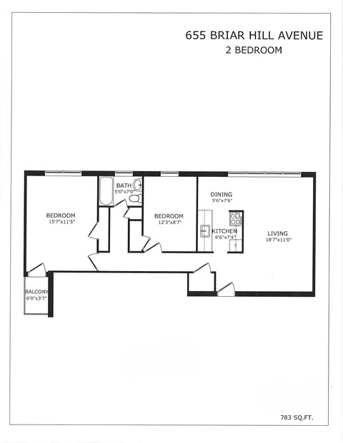 A floor plan for a 2 bedroom apartment at 655 Briar Hill Avenue.
