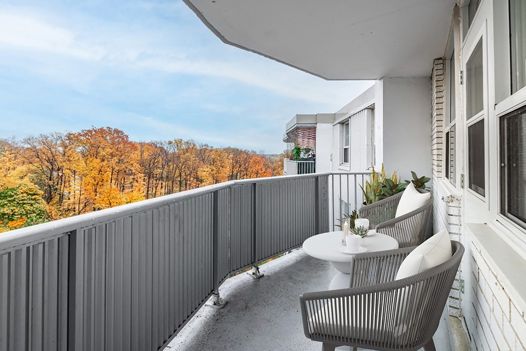 A balcony with a table and chairs overlooking a forest.