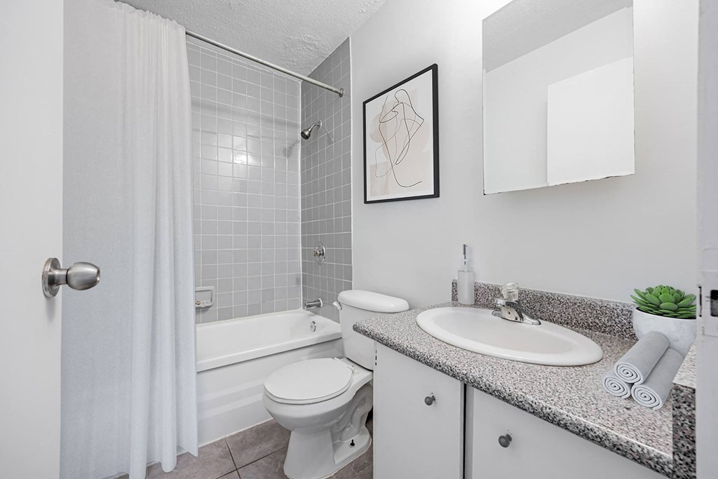 A white bathroom with a toilet, sink, and shower.