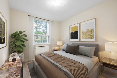A bedroom with a large bed and a plant on the side table.