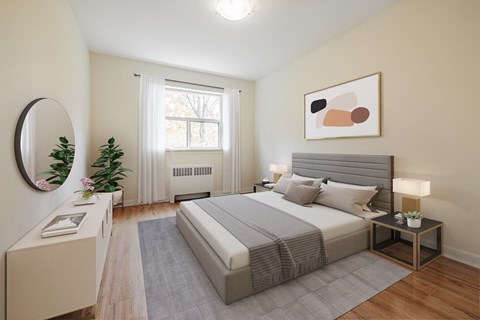 A bedroom with a large bed, a nightstand, and a window with curtains.