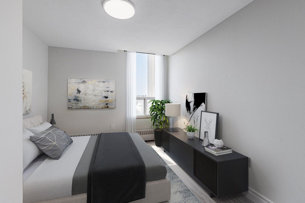 A bedroom with a bed, a bench, and a painting on the wall.