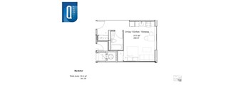 A floor plan of a Bachelor suite with a living/kitchen/sleeping area of 19.3 square meters or 205 square feet.