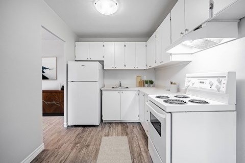 A white kitchen with a refrigerator, stove, and cabinets.