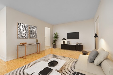 A modern living room with a white couch, a coffee table, and a zebra print rug.