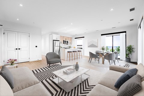 A modern living room with a black and white striped rug and grey couches.