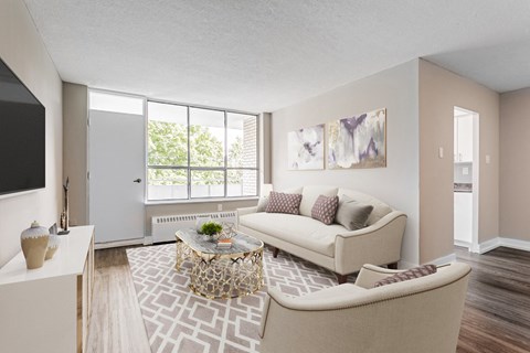 A living room with a couch, a coffee table, and a television.