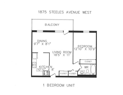 A floor plan of a one bedroom unit at 1875 Steeles Avenue West.
