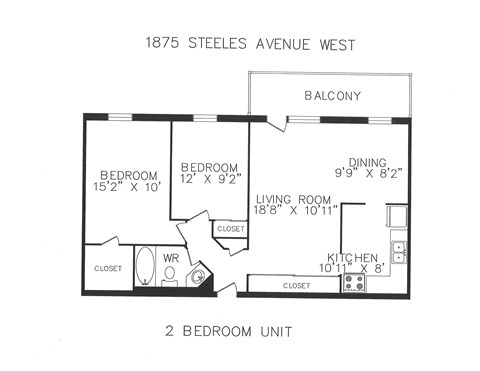 A floor plan for a 2 bedroom unit at 1875 Steeles Avenue West.