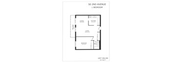 A black and white image of a floor plan for a 1 bedroom apartment at 50 2nd Avenue.