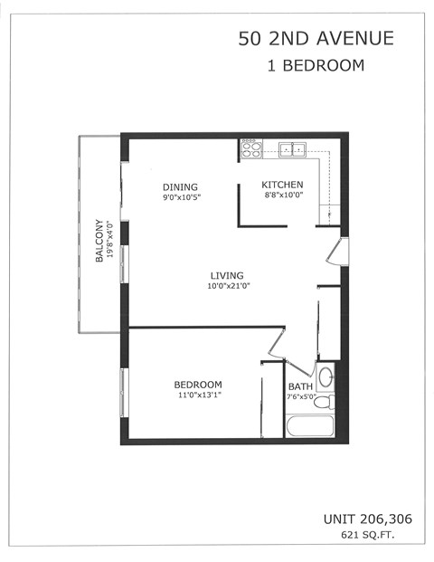 A black and white image of a floor plan for a 1 bedroom apartment at 50 2nd Avenue.