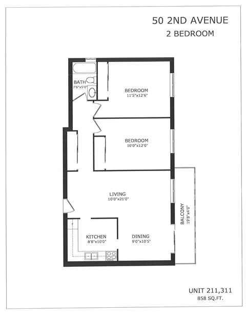 A floor plan for a 2 bedroom apartment at 50 2nd Avenue.