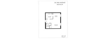 A floor plan for a Bachelor apartment at 50 2nd Avenue shows a kitchen, dining area, and a bathroom.