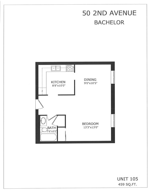 A floor plan for a Bachelor apartment at 50 2nd Avenue shows a kitchen, dining area, and a bathroom.