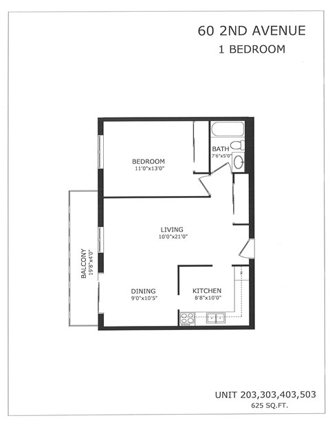 A floor plan for a 1 bedroom apartment at 60 2nd Avenue.