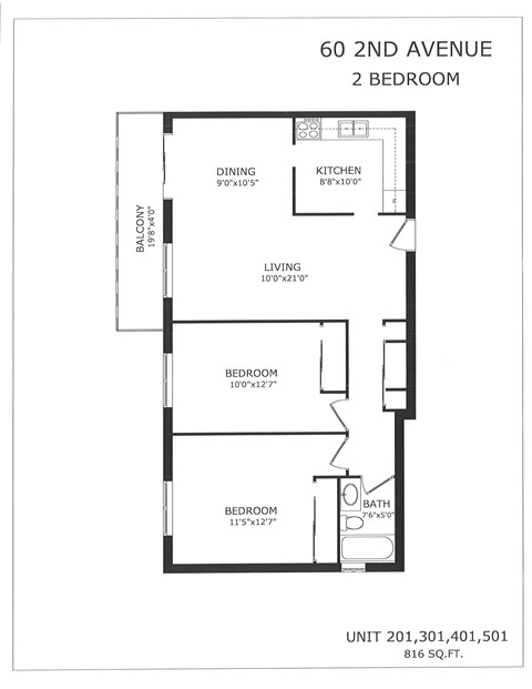 A floor plan for a 2 bedroom apartment at 60 2nd Avenue.
