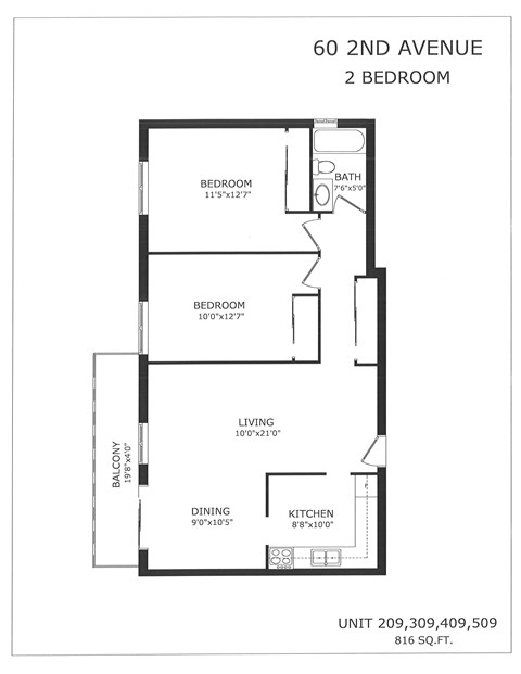 A floor plan for a 2 bedroom apartment at 60 2nd Avenue.