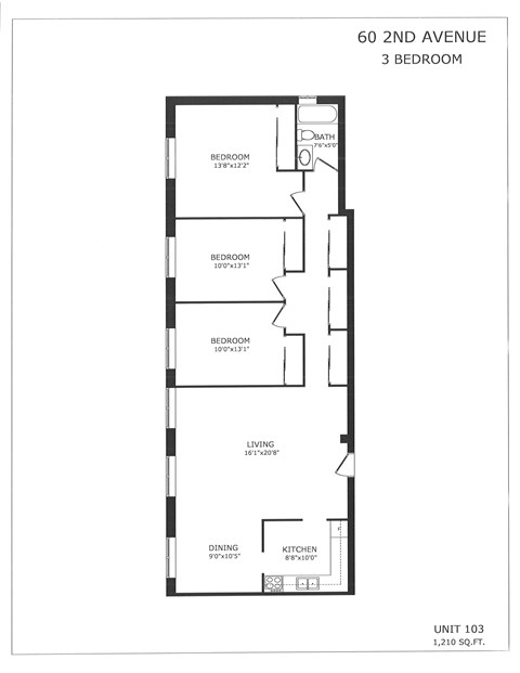 A drawing of a 3 bedroom apartment on 60 2nd Avenue.