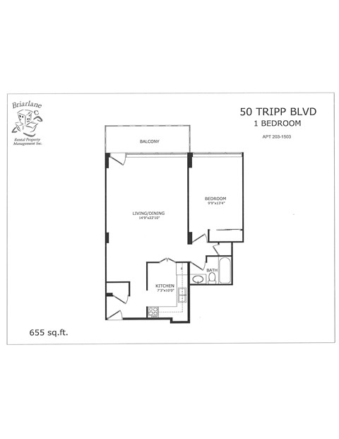 Floor plan for a 1 bedroom apartment at 50 Tripp Blvd.