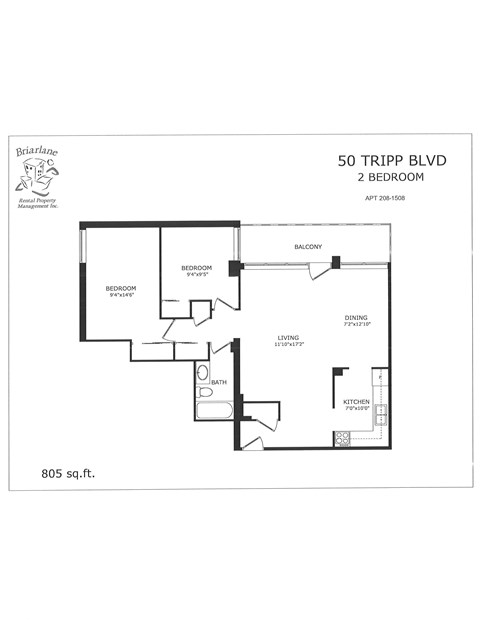 A floor plan for a 2 bedroom apartment at 50 Tripp Blvd.
