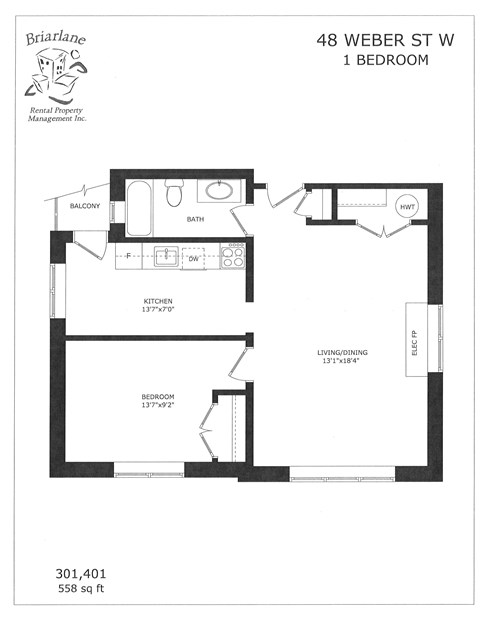A floor plan for a 1 bedroom apartment at 48 Weber St W.