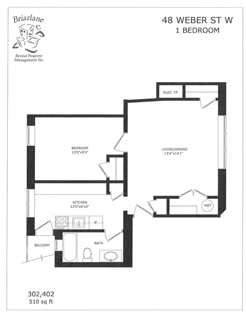 A floor plan for a 1 bedroom apartment at 48 Weber St W.