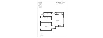 A floor plan for a 1 bedroom apartment at 48 Weber St W.
