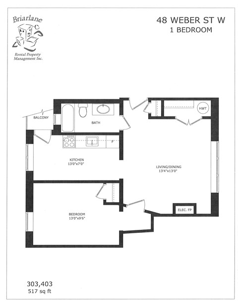A floor plan for a 1 bedroom apartment at 48 Weber St W.