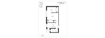 A floor plan for a 1 bedroom apartment at 48 Weber St W.