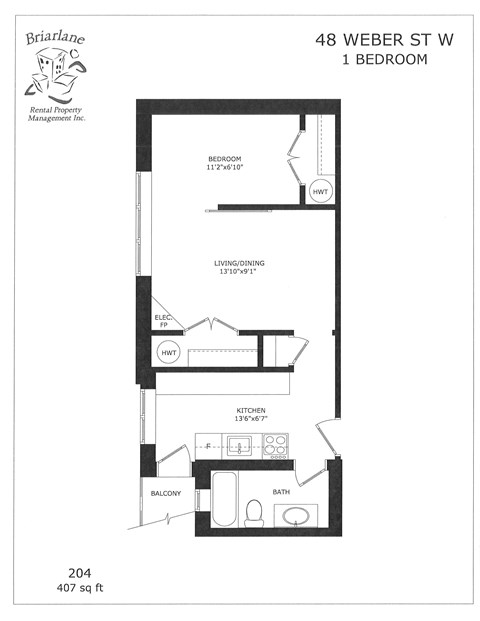 A floor plan for a 1 bedroom apartment at 48 Weber St W.