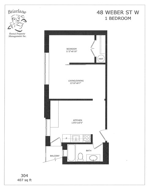 A floor plan for a 1 bedroom apartment at 48 Weber St W.