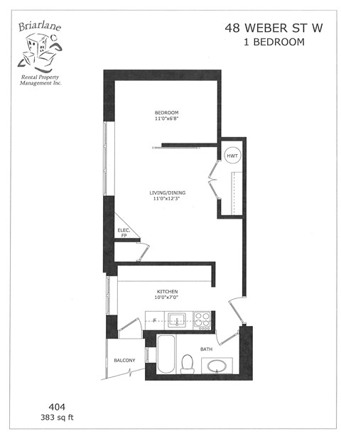 A floor plan for a 1 bedroom apartment at 48 Weber St W.