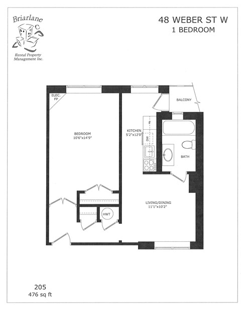 A floor plan for a 1 bedroom apartment at 48 Weber St W.