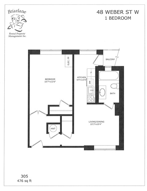 A floor plan for a 1 bedroom apartment at 48 Weber St W.