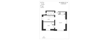 A floor plan for a 1 bedroom apartment at 48 Weber St W.