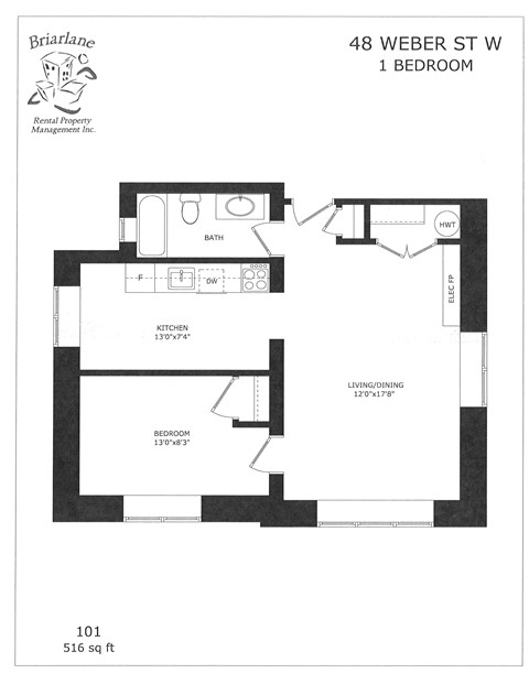 A floor plan for a 1 bedroom apartment at 48 Weber St W.