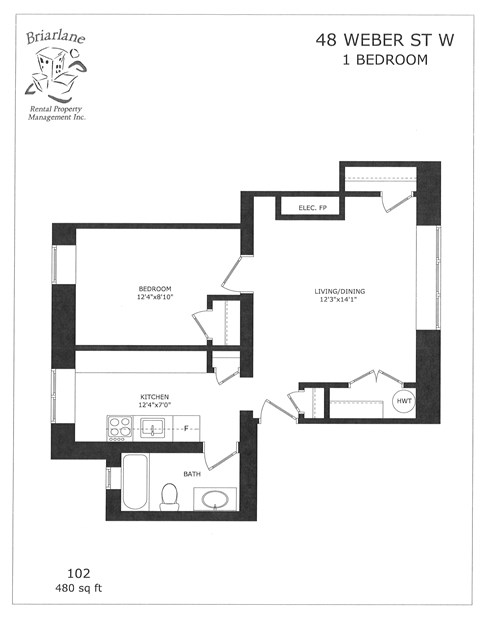 A floor plan for a 1 bedroom apartment at 48 Weber St W.