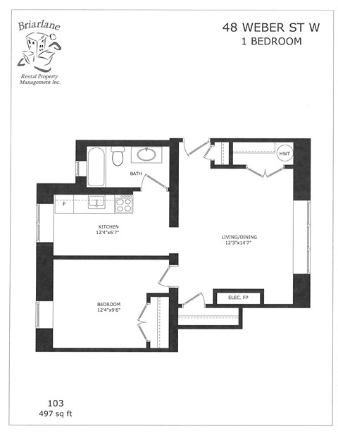 A floor plan for a 1 bedroom apartment at 48 Weber St W.
