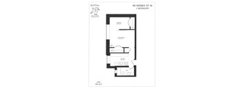 A floor plan for a 1 bedroom apartment at 48 Weber St W.