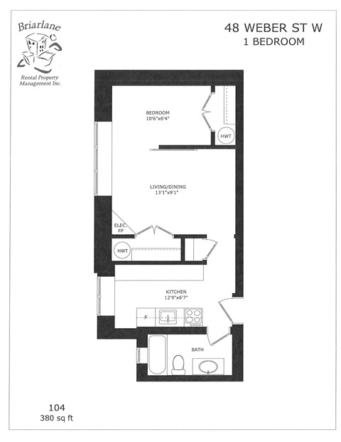 A floor plan for a 1 bedroom apartment at 48 Weber St W.