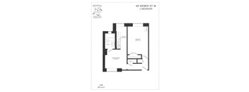 A floor plan for a 1 bedroom apartment at 48 Weber St W.