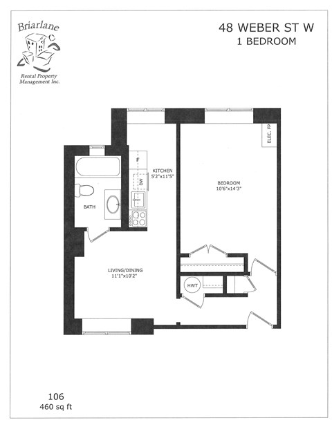 A floor plan for a 1 bedroom apartment at 48 Weber St W.