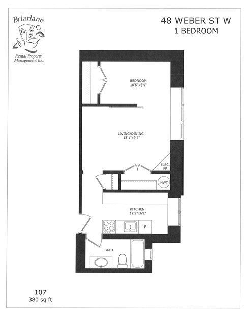 A floor plan for a 1 bedroom apartment at 48 Weber St W.