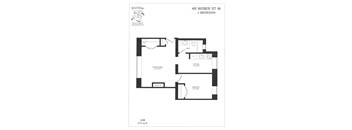 A floor plan for a 1 bedroom apartment at 48 Weber St W.