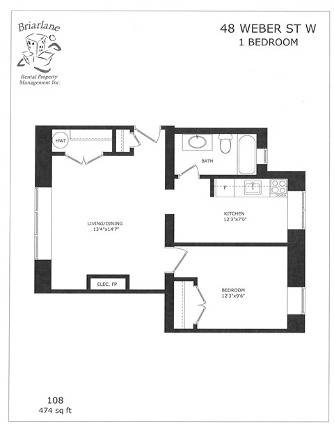 A floor plan for a 1 bedroom apartment at 48 Weber St W.